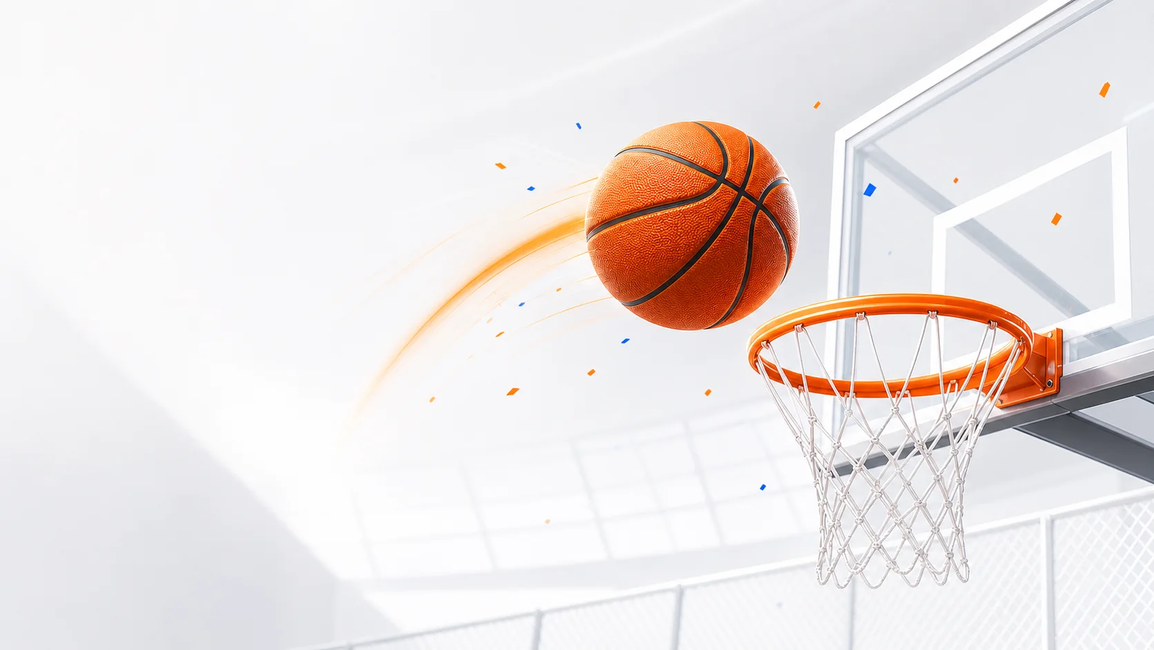 A basketball flying towards an illuminated hoop