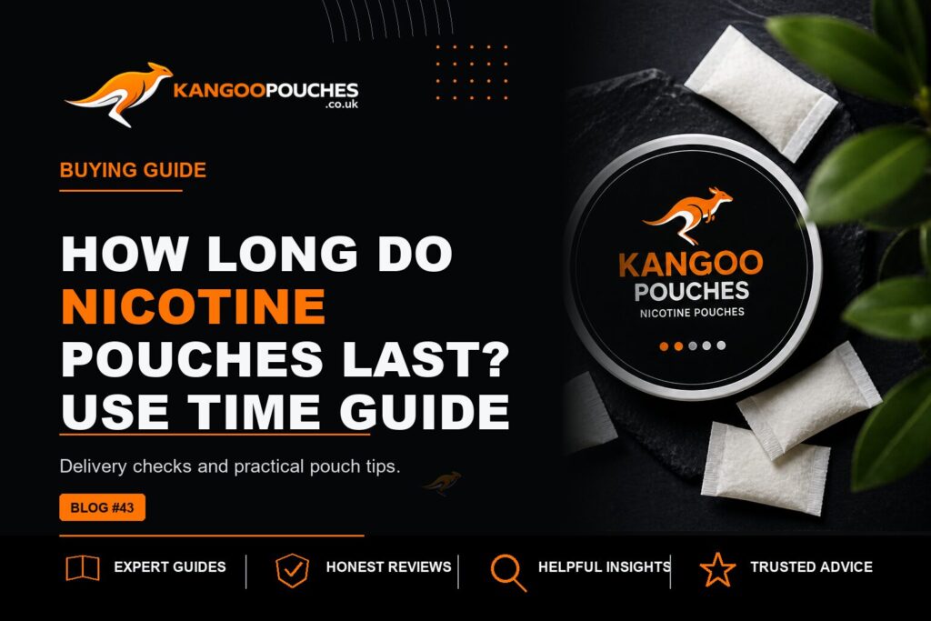 Kangoo Pouches blog banner for How Long Do Nicotine Pouches Last? Use Time Guide