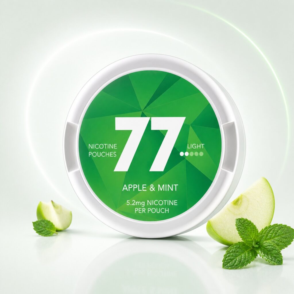 77 Apple & Mint 5.2mg Nicotine Pouches — 5.2mg nicotine per pouch, slim format, 20 pouches