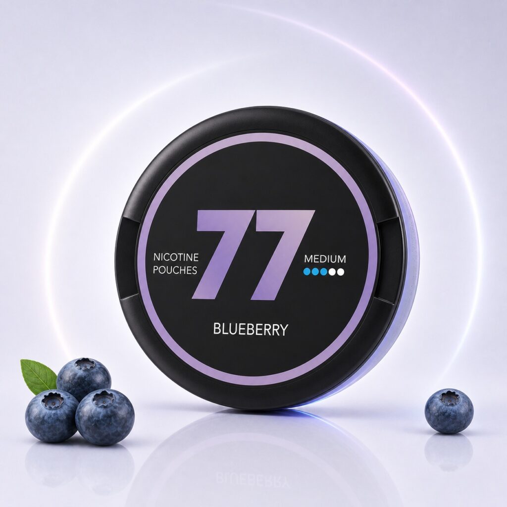 77 Blueberry 10.4mg Nicotine Pouches — 10.4mg nicotine per pouch, slim format, 20 pouches