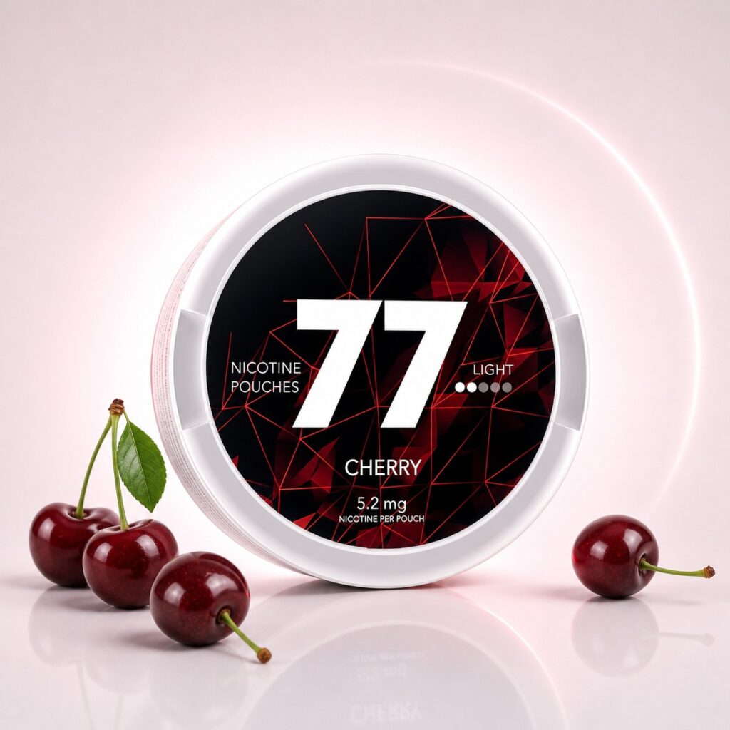77 Cherry 5.2mg Nicotine Pouches — 5.2mg nicotine per pouch, slim format, 20 pouches