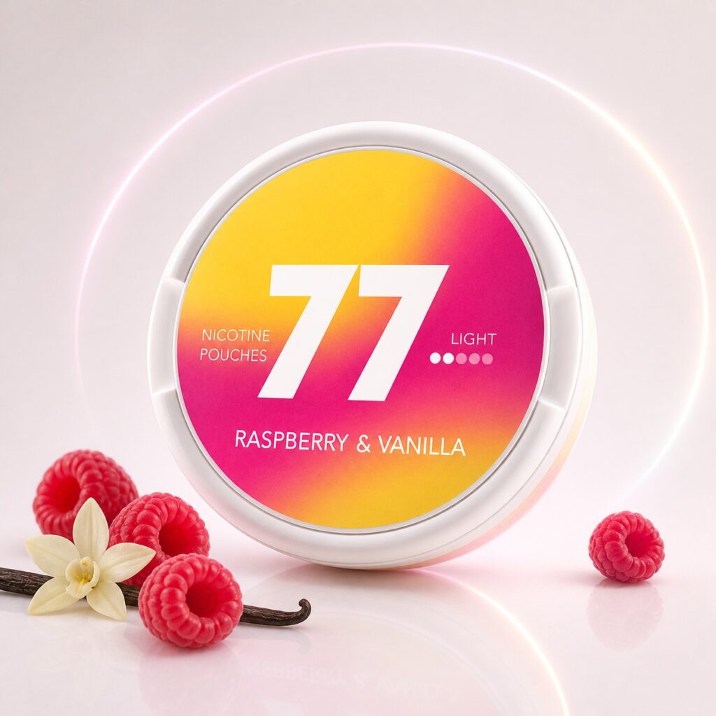 77 Raspberry & Vanilla 5.2mg Nicotine Pouches — 5.2mg nicotine per pouch, slim format, 20 pouches