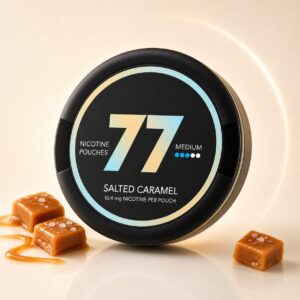 77 Salted Caramel 10.4mg Nicotine Pouches — 10.4mg nicotine per pouch, slim format, 20 pouches