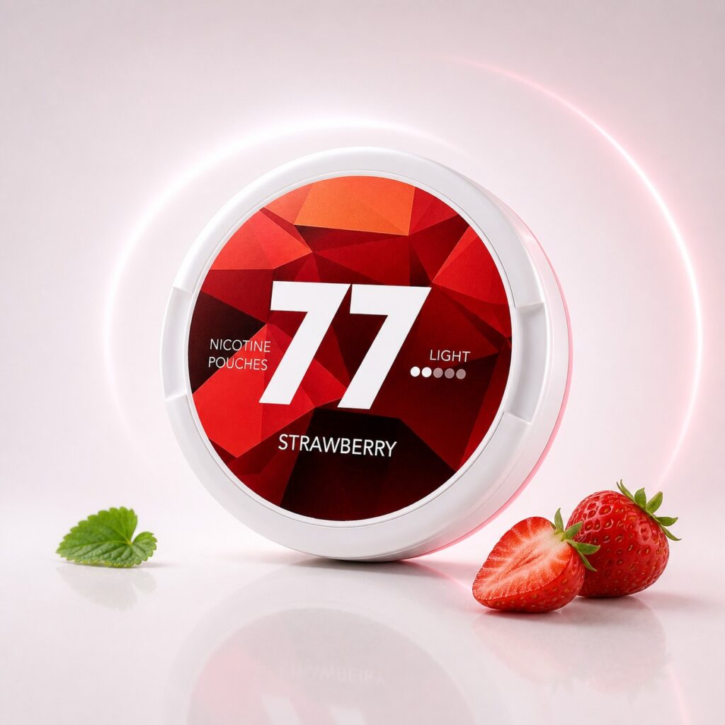 77 Strawberry 5.2mg Nicotine Pouches — 5.2mg nicotine per pouch, slim format, 20 pouches