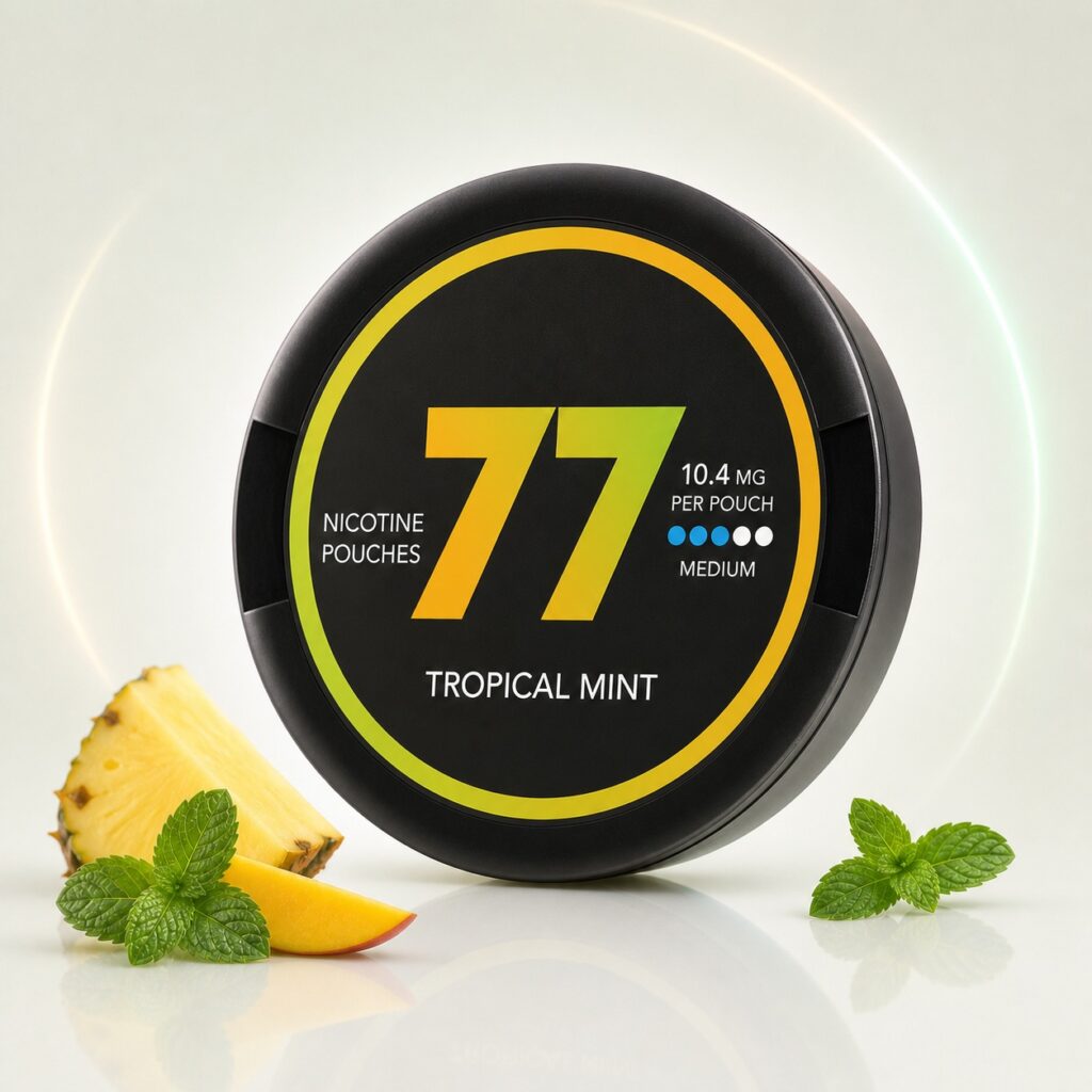 77 Tropical Mint 10.4mg Nicotine Pouches — 10.4mg nicotine per pouch, slim format, 20 pouches
