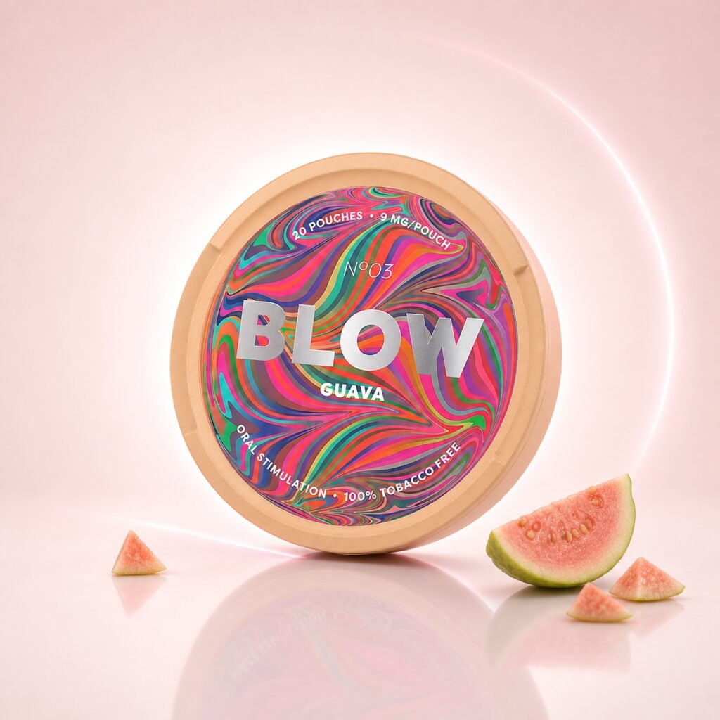 BLOW Guava 9mg Nicotine Pouches — 9mg nicotine per pouch, slim format, 20 pouches