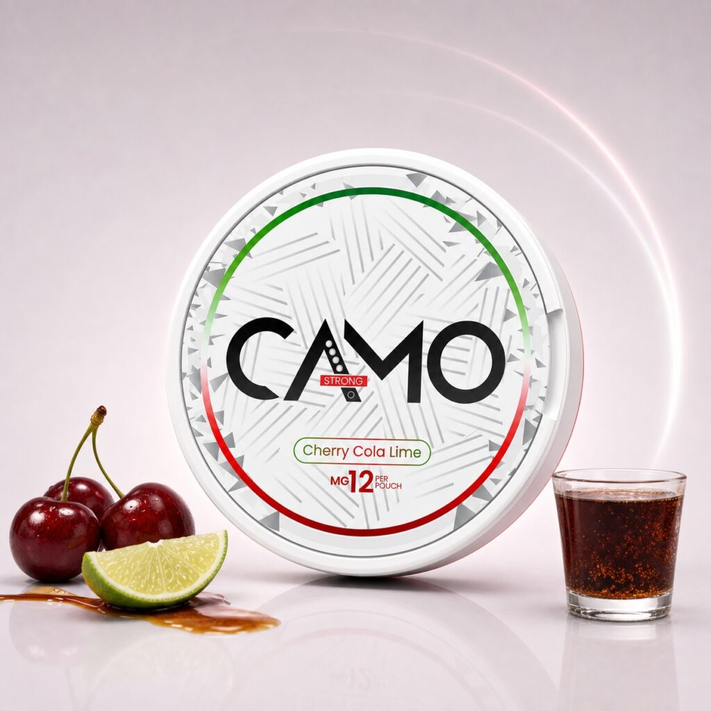 CAMO Cherry Cola Lime 12mg Nicotine Pouches — 12mg nicotine per pouch, slim format, 20 pouches