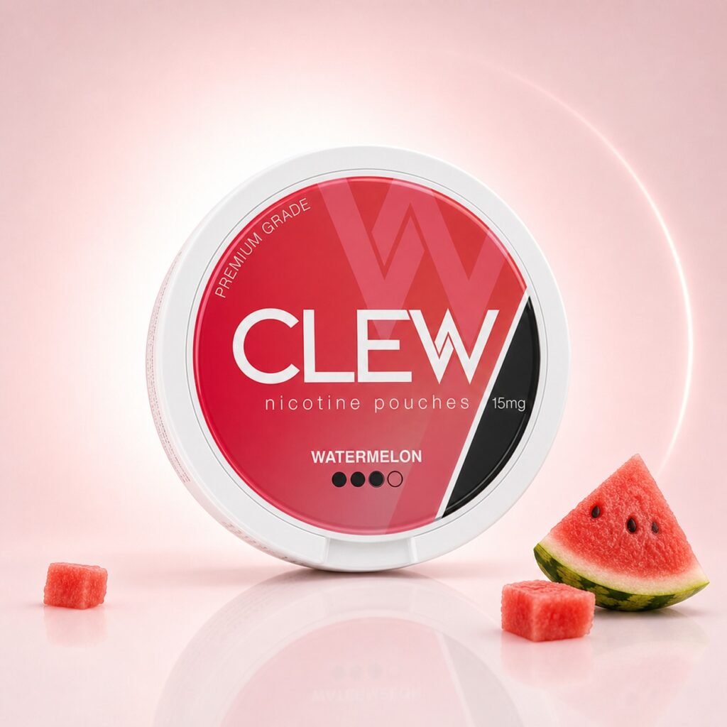 Clew Watermelon 15mg Nicotine Pouches — 15mg nicotine per pouch, slim format, 20 pouches