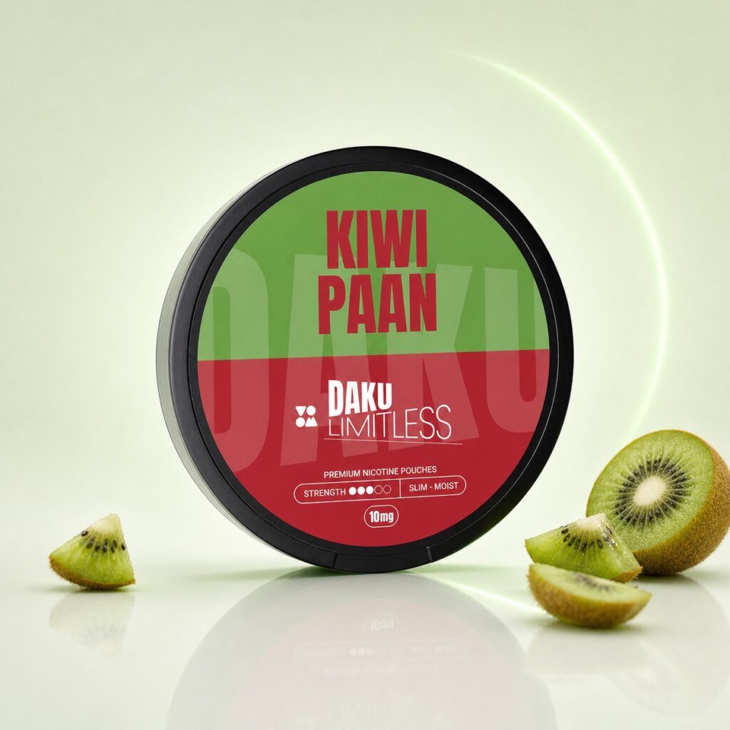 Daku Limitless Kiwi Paan 10mg Nicotine Pouches — 10mg nicotine per pouch, slim format, 20 pouches