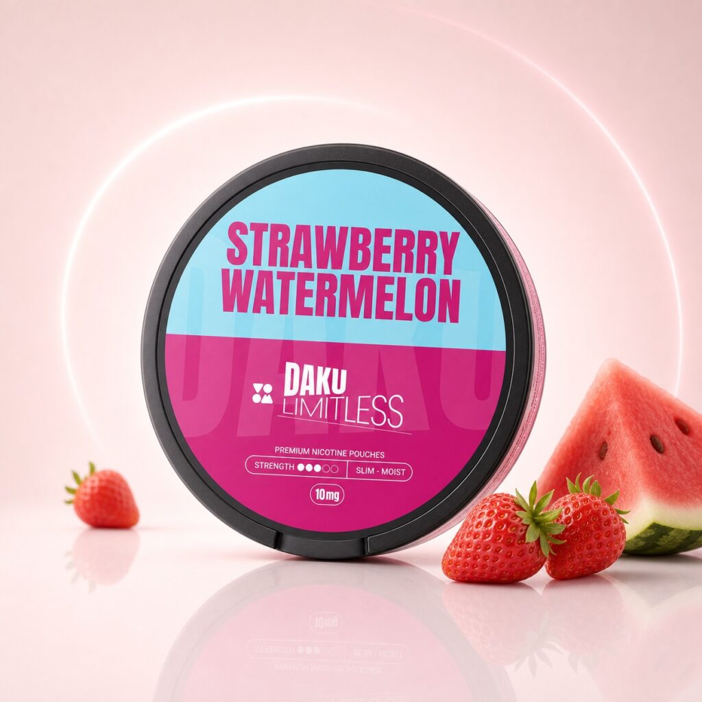 Daku Limitless Strawberry Watermelon 10mg Nicotine Pouches — 10mg nicotine per pouch, slim format, 20 pouches