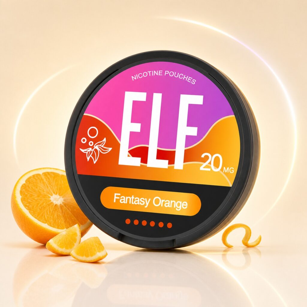 ELF Fantasy Orange 20mg Nicotine Pouches — 20mg nicotine per pouch, slim format, 20 pouches