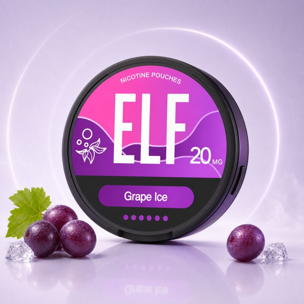 ELF Grape Ice 20mg Nicotine Pouches — 20mg nicotine per pouch, slim format, 20 pouches