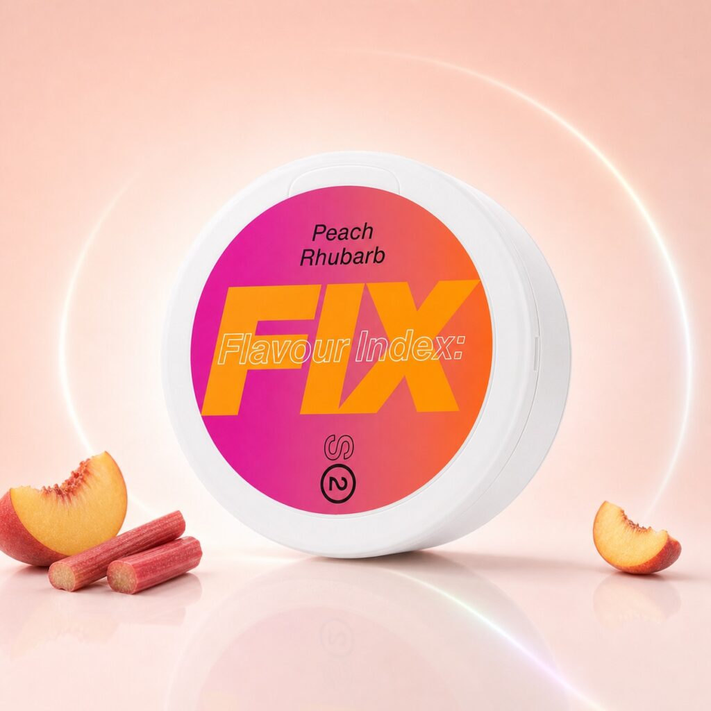 Fix Peach Rhubarb 5.6mg Nicotine Pouches — 5.6mg nicotine per pouch, slim format, 20 pouches