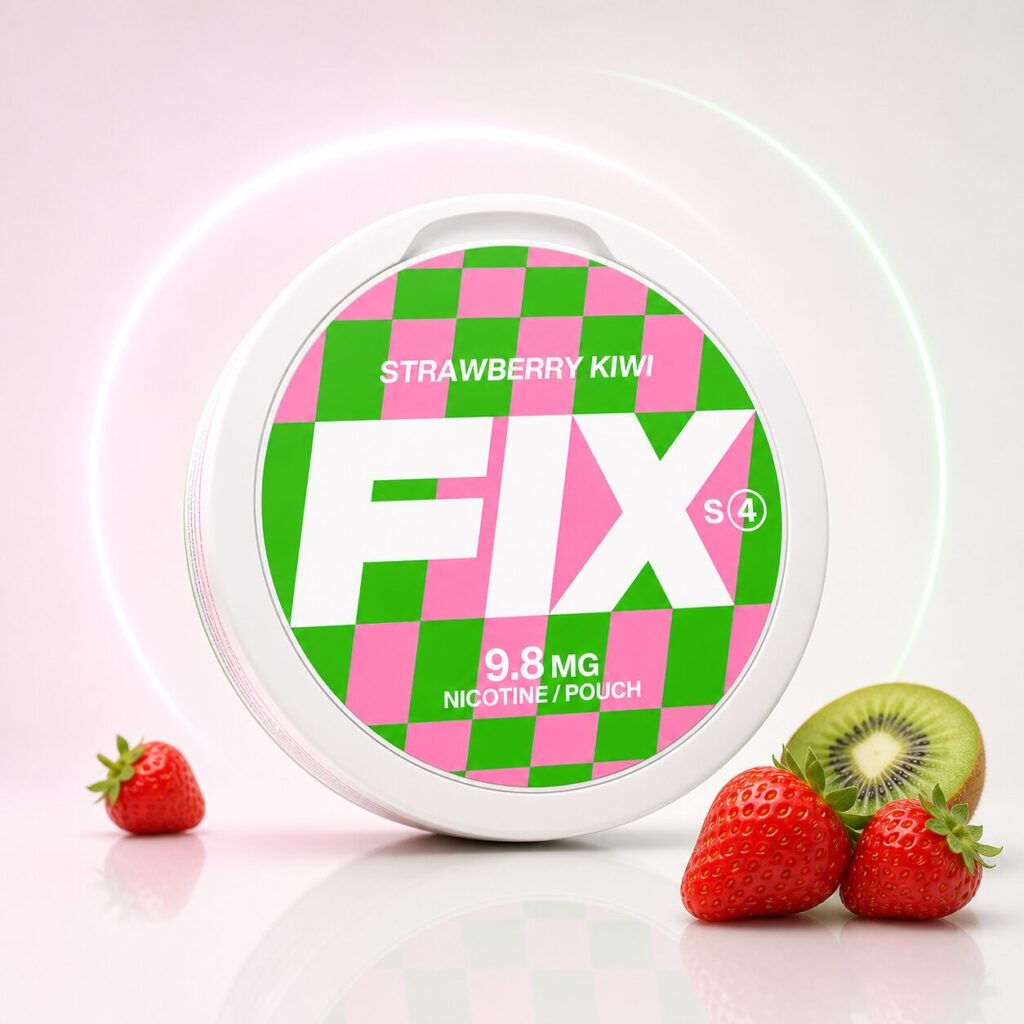 FIX Strawberry Kiwi 9.8mg — 9.8mg nicotine per pouch, slim format, 20 pouches