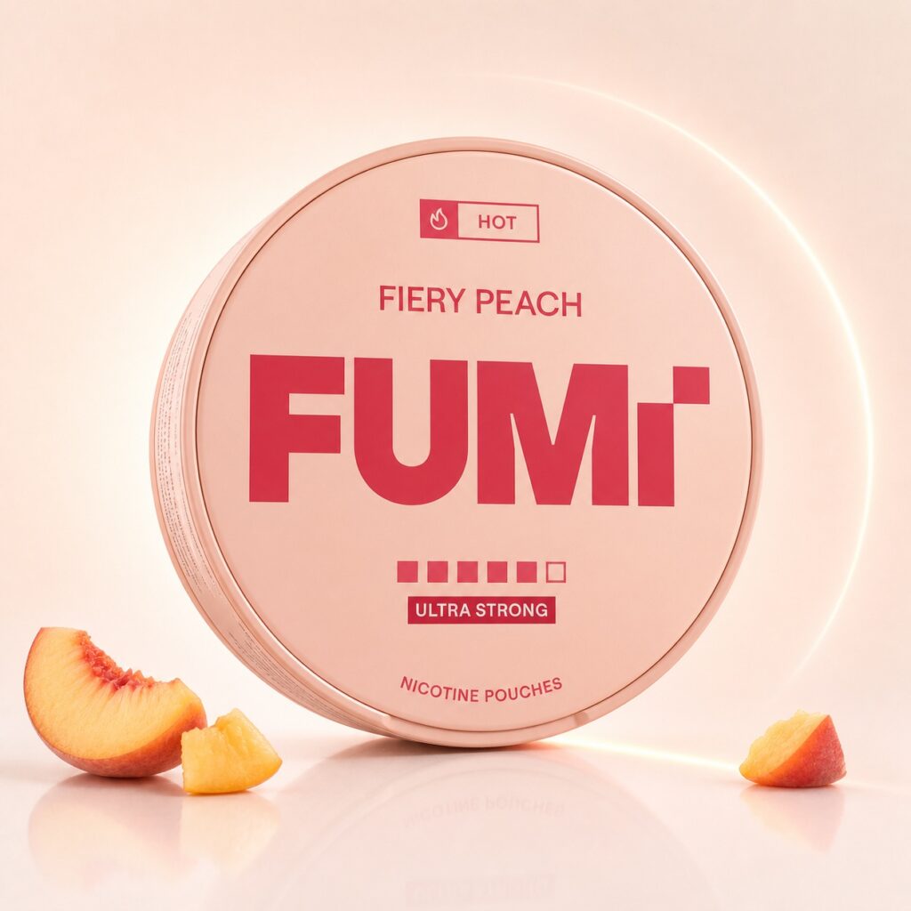 FUMi Fiery Peach 15mg Nicotine Pouches — 15mg nicotine per pouch, slim format, 20 pouches