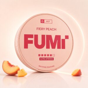FUMi Fiery Peach 15mg Nicotine Pouches — 15mg nicotine per pouch, slim format, 20 pouches