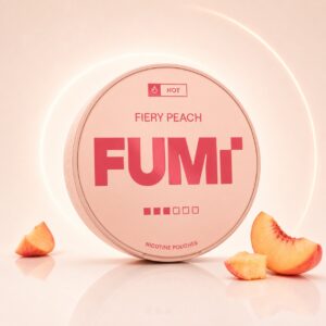 FUMi Fiery Peach 8mg Nicotine Pouches — 8mg nicotine per pouch, slim format, 20 pouches