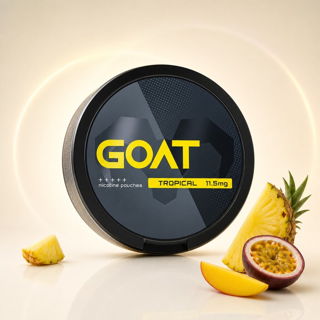 GOAT Tropical 11.5mg Nicotine Pouches — 11.5mg nicotine per pouch, slim format, 20 pouches