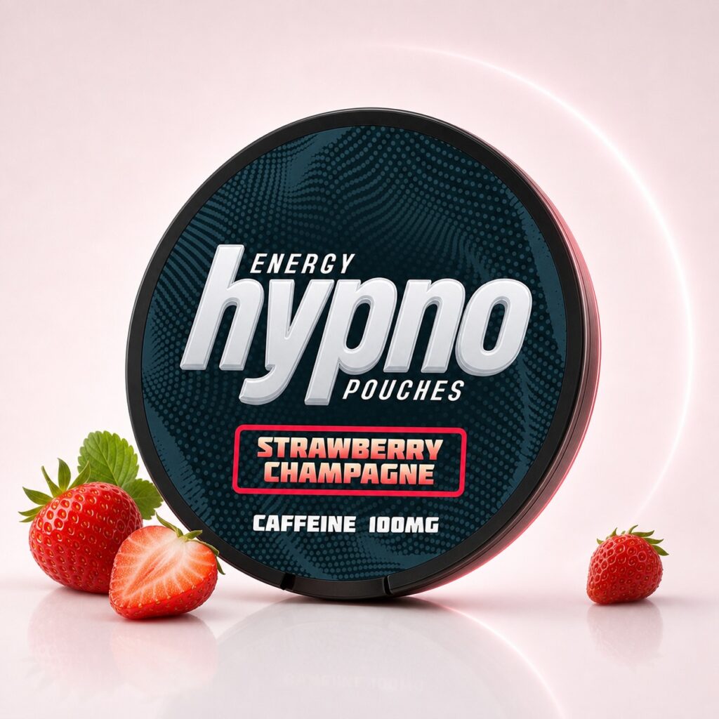 Hypno Strawberry Champagne 100mg Nicotine Pouches — 100mg nicotine per pouch, slim format, 21 pouches