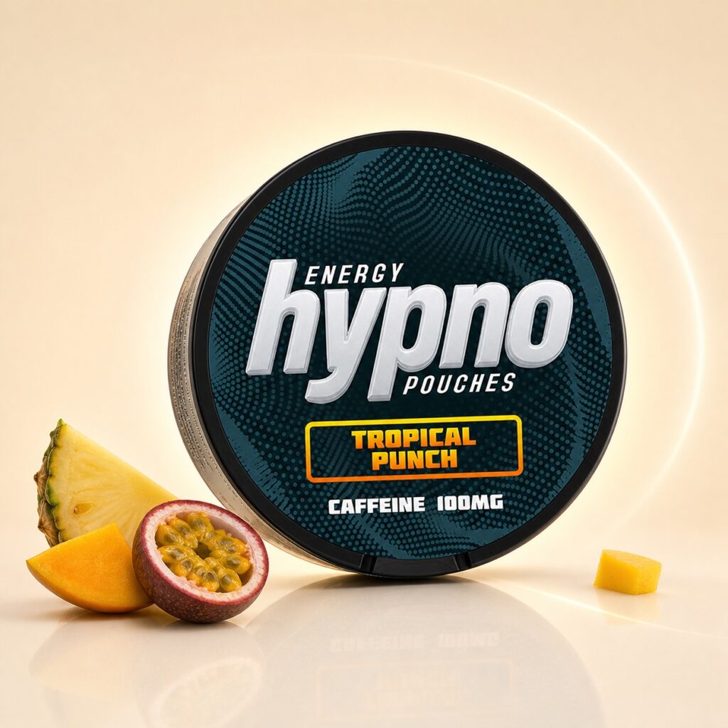 Hypno Tropical Punch 100mg Nicotine Pouches — 100mg nicotine per pouch, slim format, 21 pouches