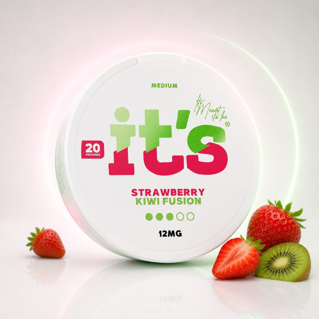 it's Strawberry Kiwi Fusion 12mg Nicotine Pouches — 12mg nicotine per pouch, slim format, 20 pouches
