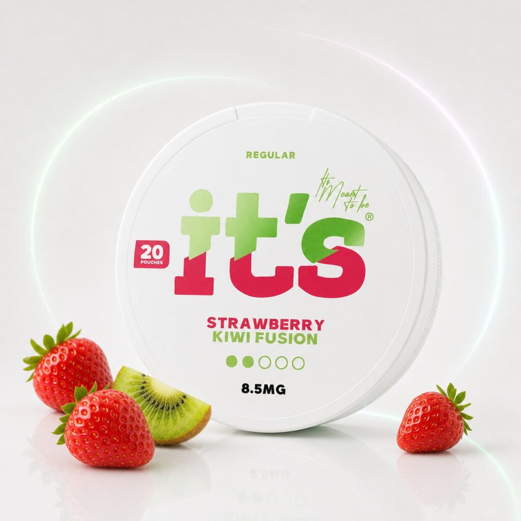 it's Strawberry Kiwi Fusion 8.5mg Nicotine Pouches — 8.5mg nicotine per pouch, slim format, 20 pouches