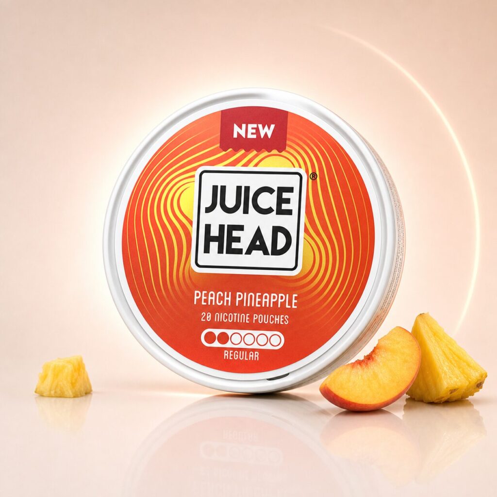 Juice Head Peach Pineapple Regular 6mg — 6mg nicotine per pouch, regular format, 20 pouches