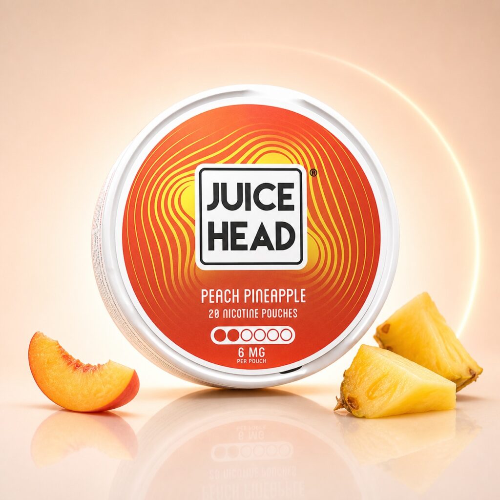 Juice Head Peach Pineapple 6mg Nicotine Pouches — 6mg nicotine per pouch, slim format, 20 pouches
