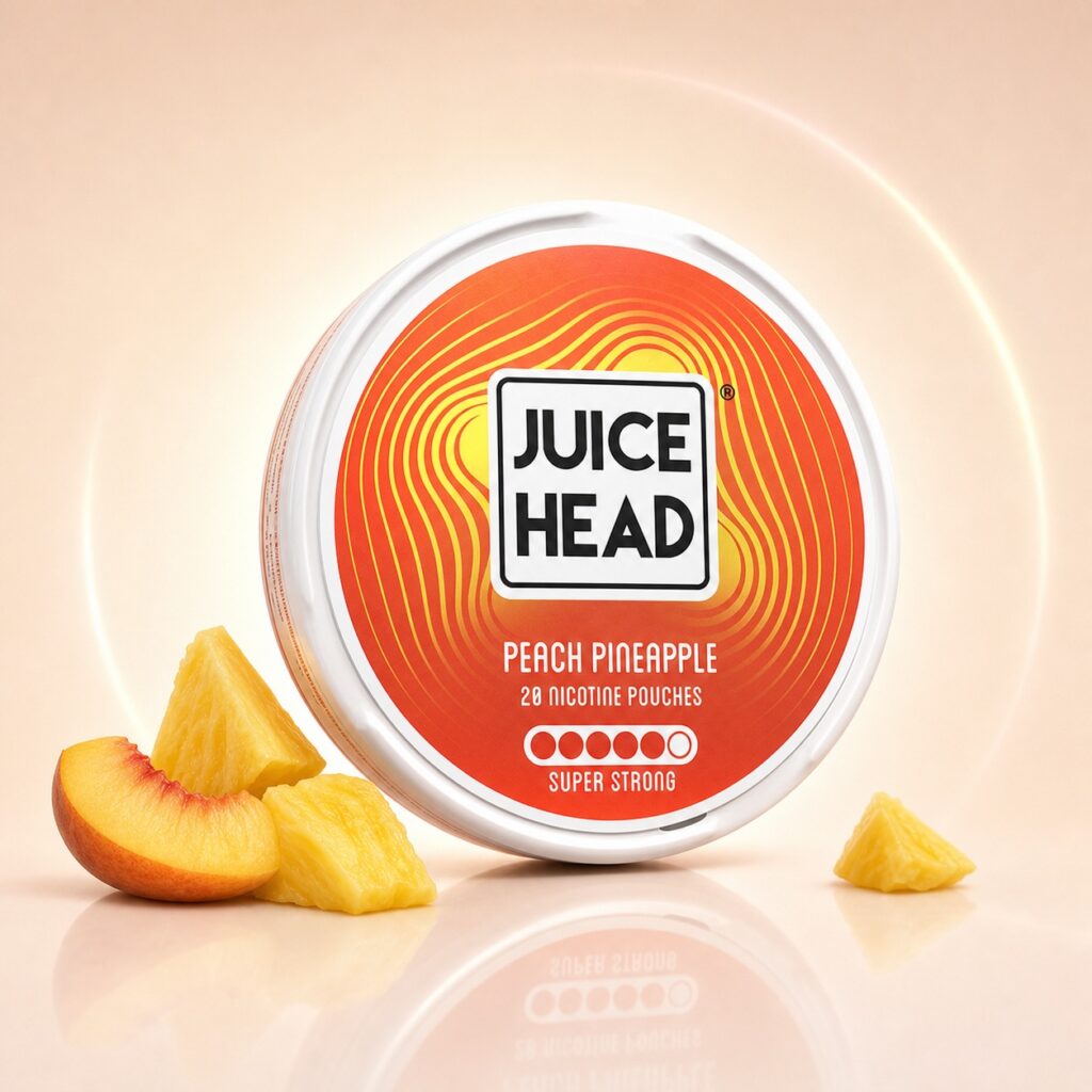 Juice Head Peach Pineapple 9mg Nicotine Pouches — 9mg nicotine per pouch, slim format, 20 pouches