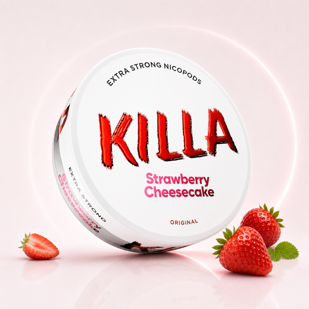 KILLA Strawberry Cheesecake Extra Strong — 13.2mg nicotine per pouch, slim format, 20 pouches