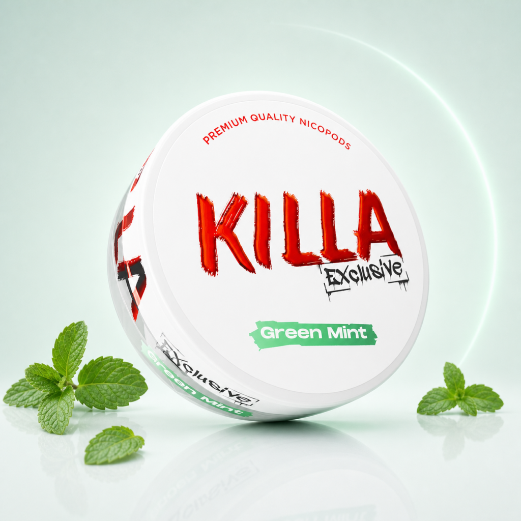 Killa Exclusive Green Mint — 13.2mg nicotine per pouch, slim format, 20 pouches