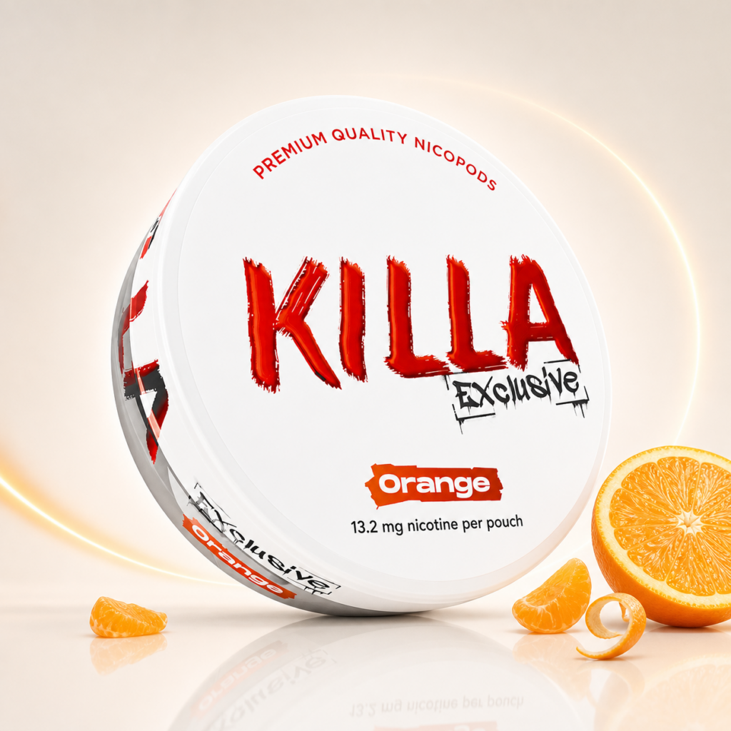 Killa Exclusive Orange — 13.2mg nicotine per pouch, slim format, 20 pouches