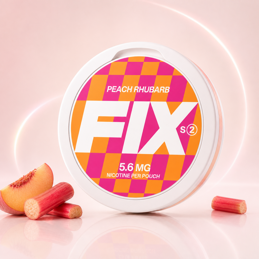 FIX Peach Rhubarb 5.6mg — 5.6mg nicotine per pouch, slim format, 20 pouches