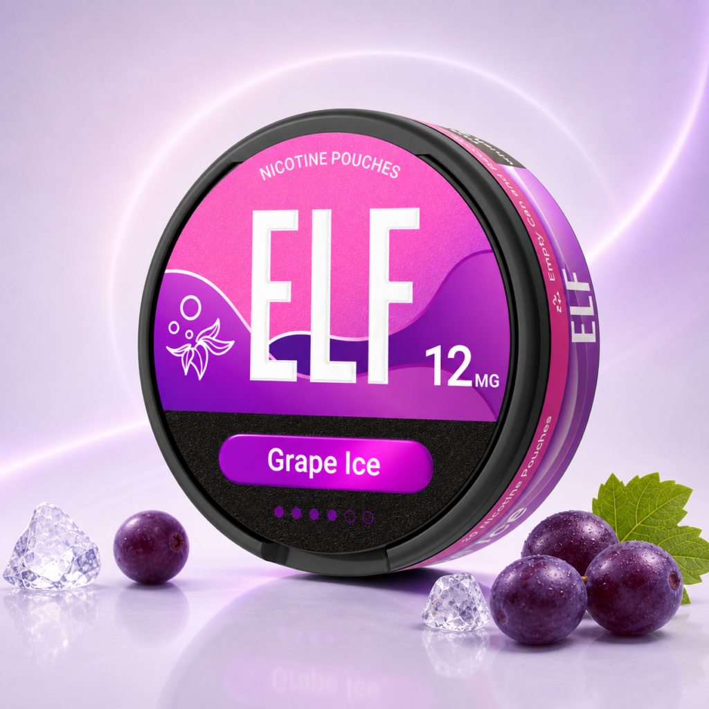 ELF Nicotine Pouches Grape Ice 12mg — 12mg nicotine per pouch, slim format, 20 pouches