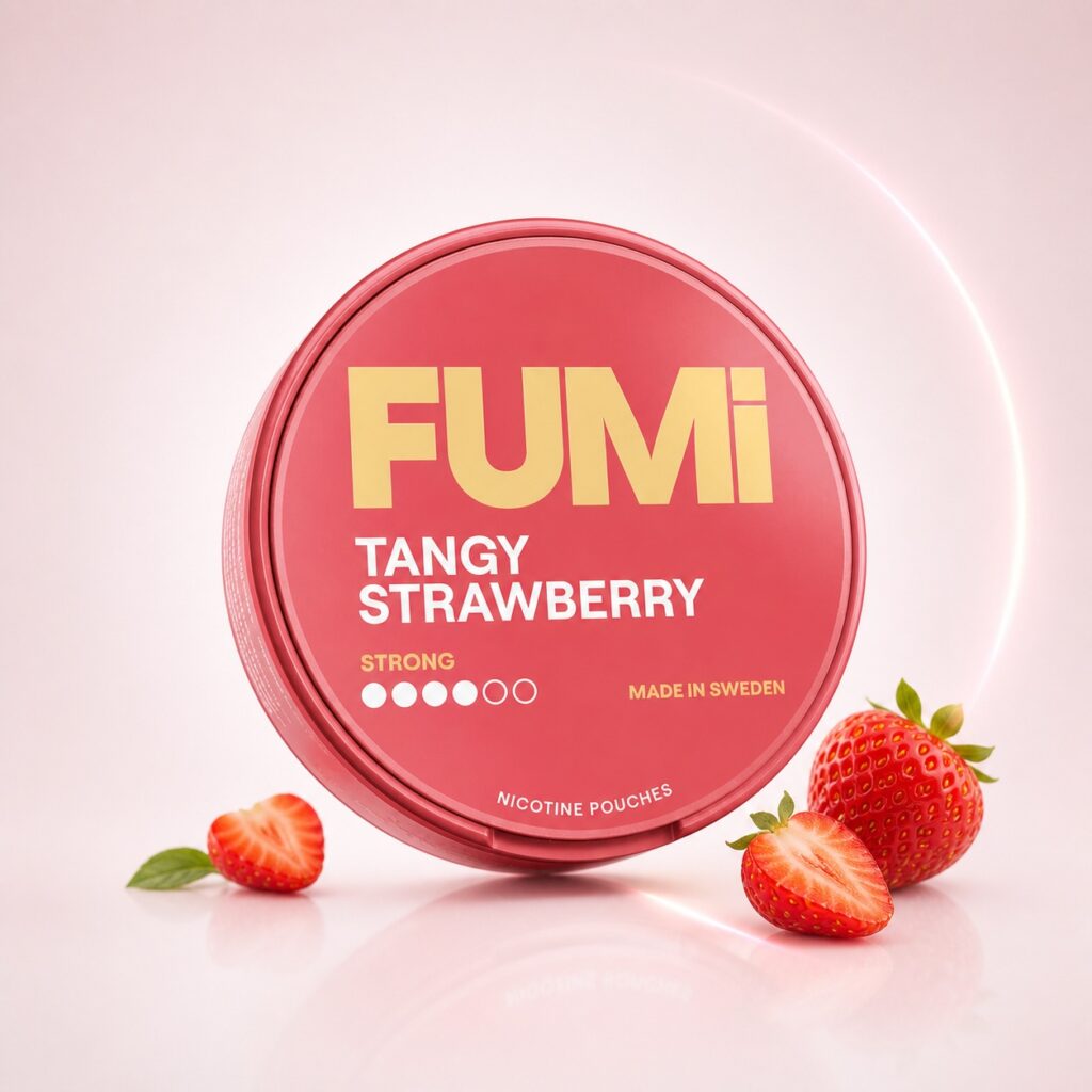 FUMi Tangy Strawberry 8mg Nicotine Pouches — 8mg nicotine per pouch, slim format, 20 pouches