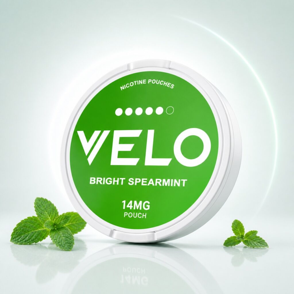 Velo Bright Spearmint 14mg Nicotine Pouches — 14mg nicotine per pouch, slim format, 20 pouches