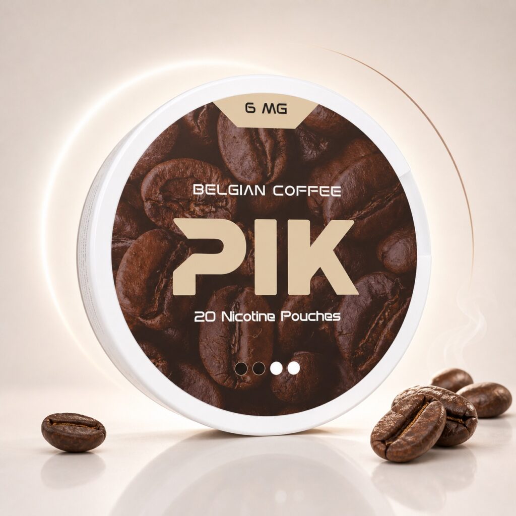 PIK Belgian Coffee 6mg Nicotine Pouches — 6mg nicotine per pouch, slim format, 20 pouches