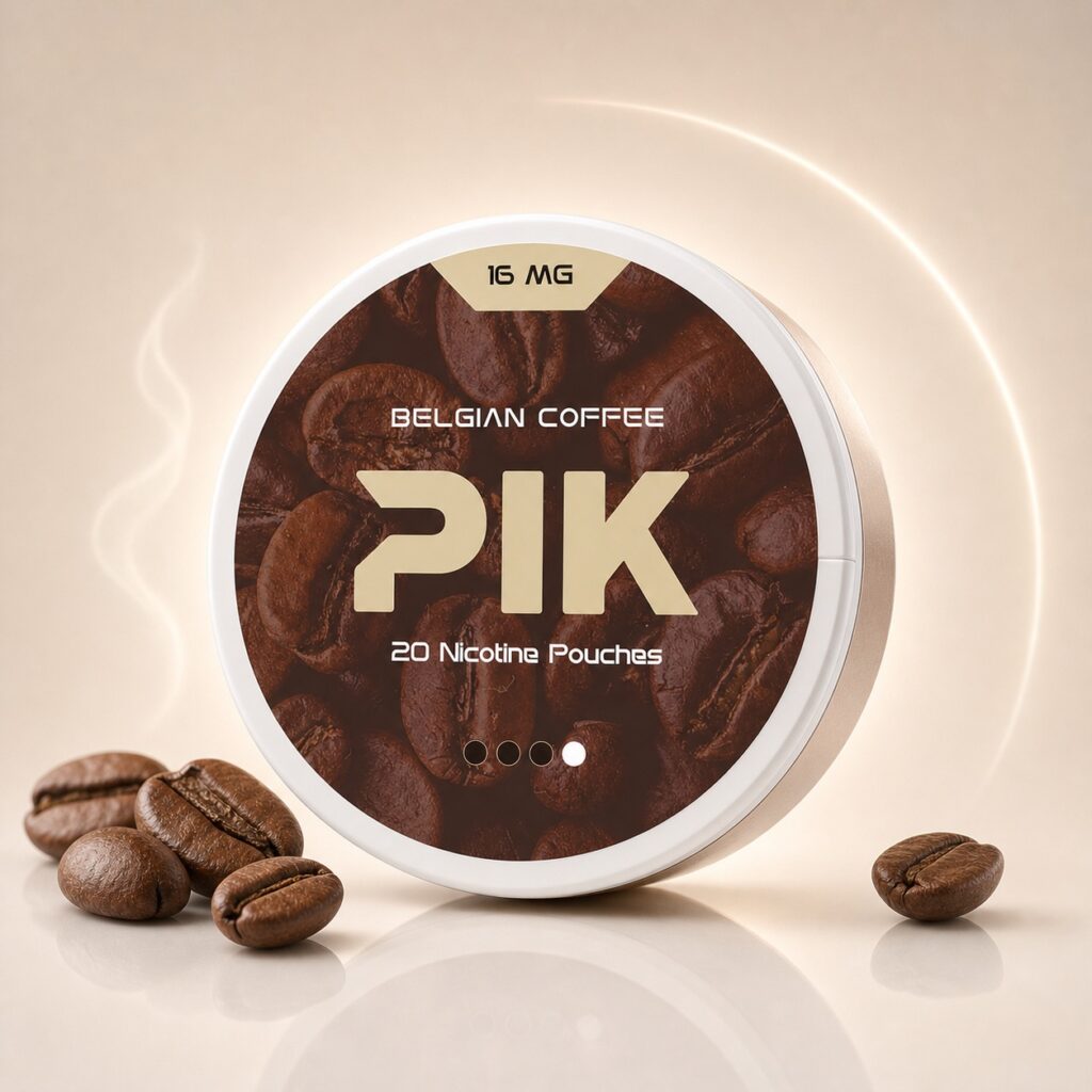 PIK Belgian Coffee 16mg Nicotine Pouches — 16mg nicotine per pouch, slim format, 20 pouches
