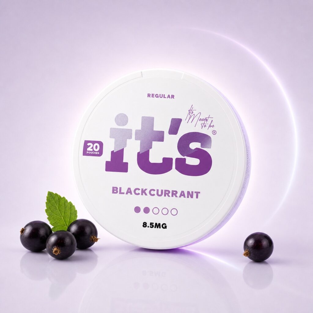 it's Blackcurrant 8.5mg Nicotine Pouches — 8.5mg nicotine per pouch, slim format, 20 pouches