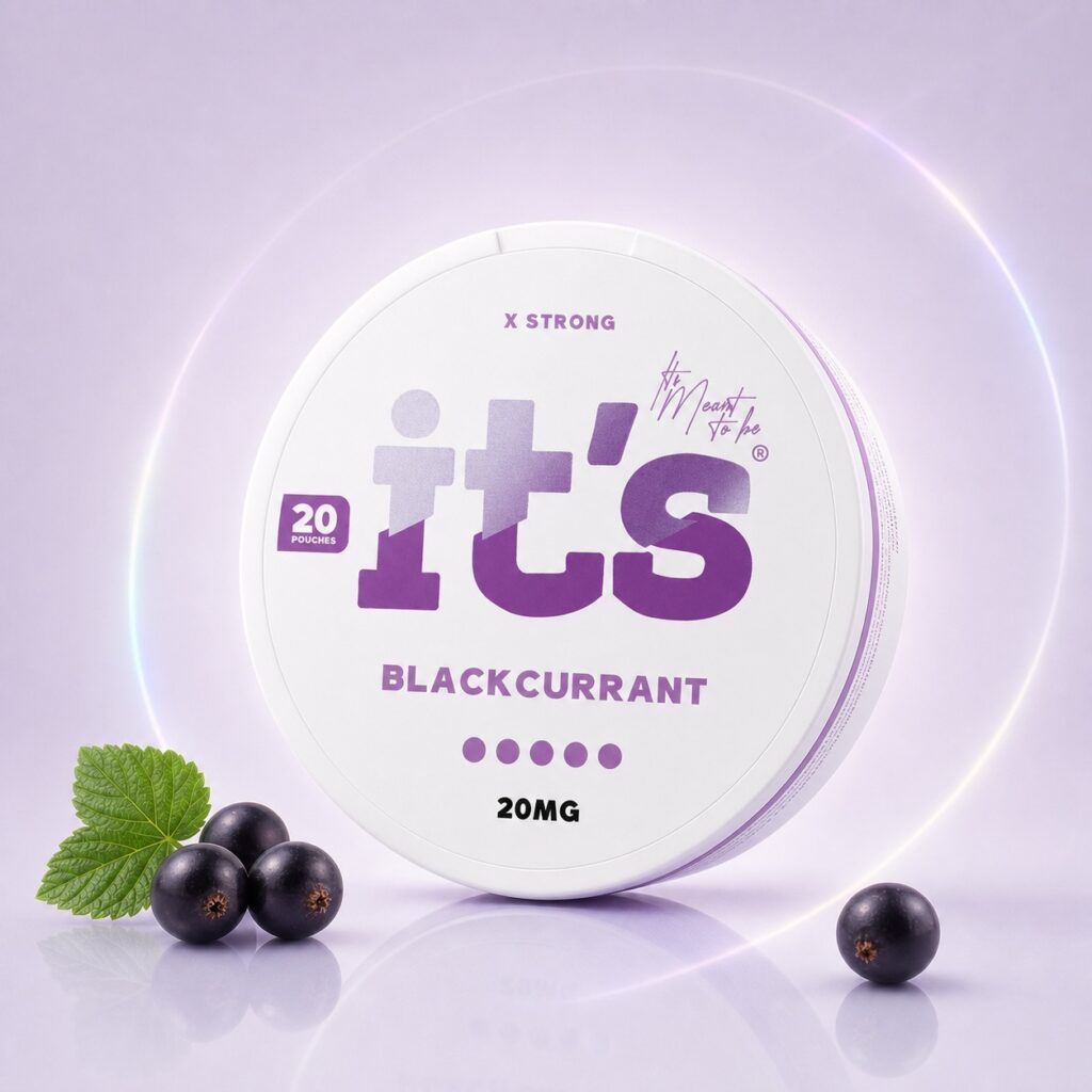 it's Blackcurrant 20mg Nicotine Pouches — 20mg nicotine per pouch, slim format, 20 pouches