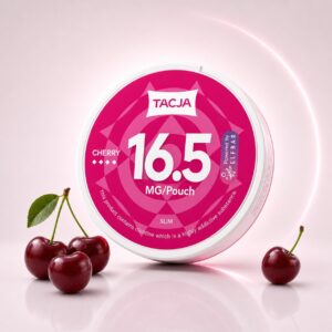 TACJA Cherry Ice 16.5mg Nicotine Pouches — 16.5mg nicotine per pouch, slim format, 20 pouches
