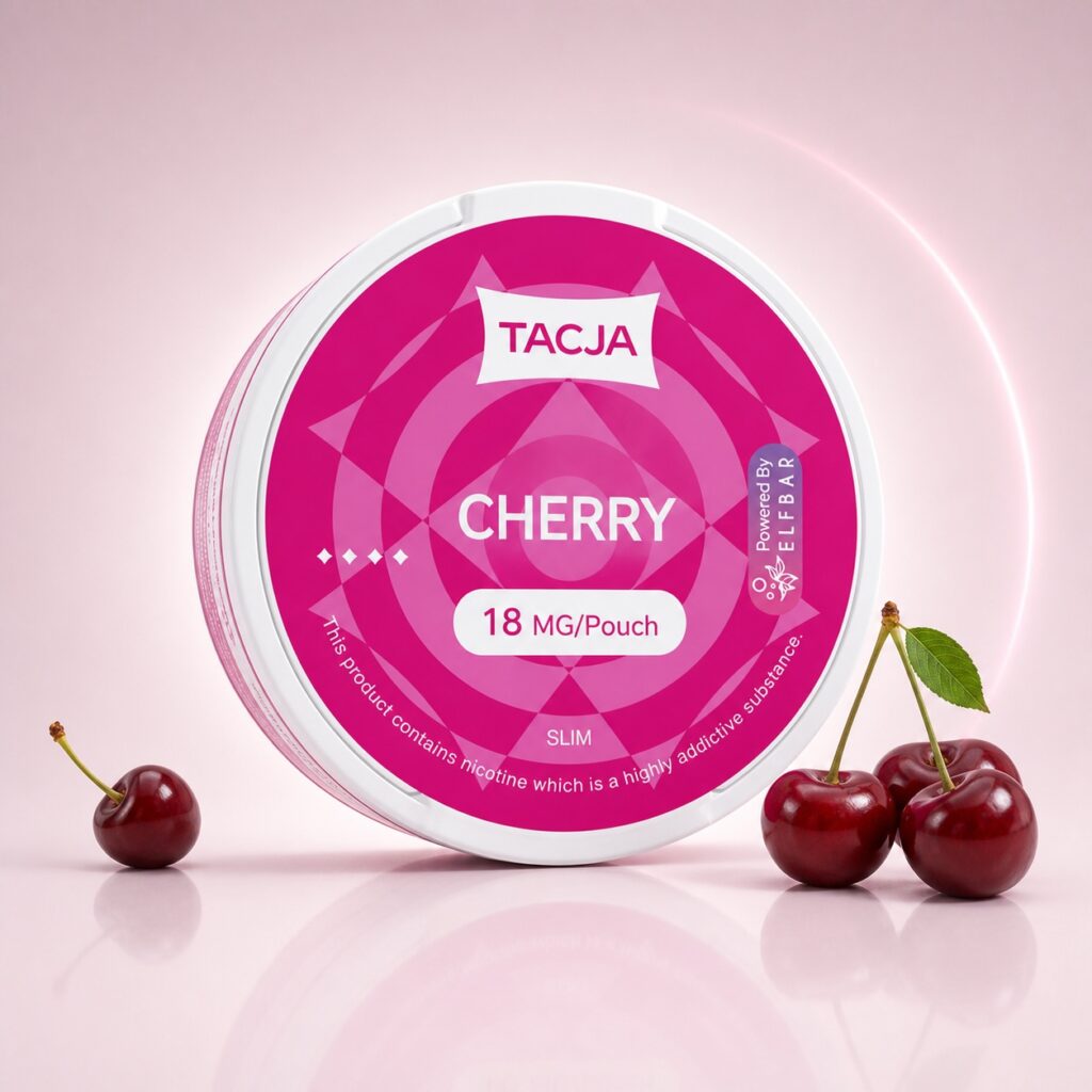 TACJA Cherry Ice 18mg Nicotine Pouches — 18mg nicotine per pouch, slim format, 20 pouches