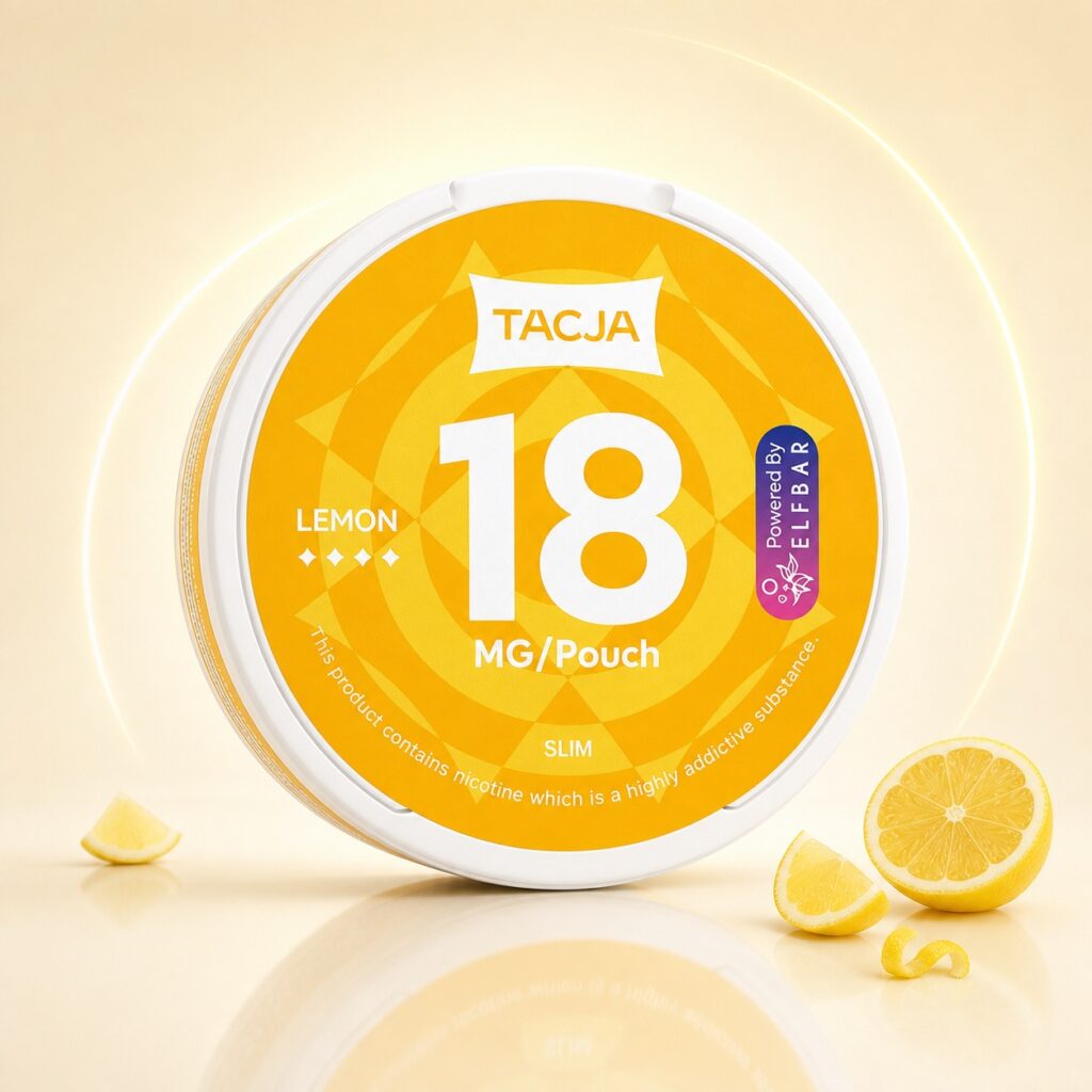 TACJA Lemon Mango 18mg Nicotine Pouches — 18mg nicotine per pouch, slim format, 20 pouches