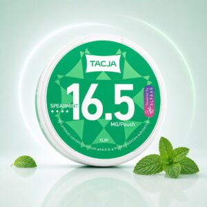 TACJA Spearmint 16.5mg Nicotine Pouches — 16.5mg nicotine per pouch, slim format, 20 pouches