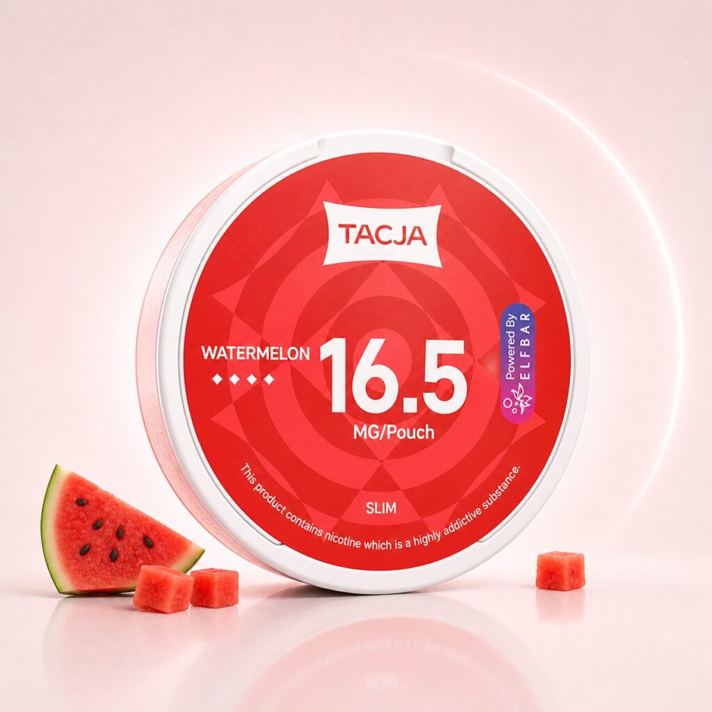 TACJA Watermelon Ice 16.5mg Nicotine Pouches — 16.5mg nicotine per pouch, slim format, 20 pouches