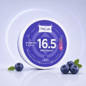 TACJA Blueberry Sour Raspberry 16.5mg Nicotine Pouches — 16.5mg nicotine per pouch, slim format, 20 pouches