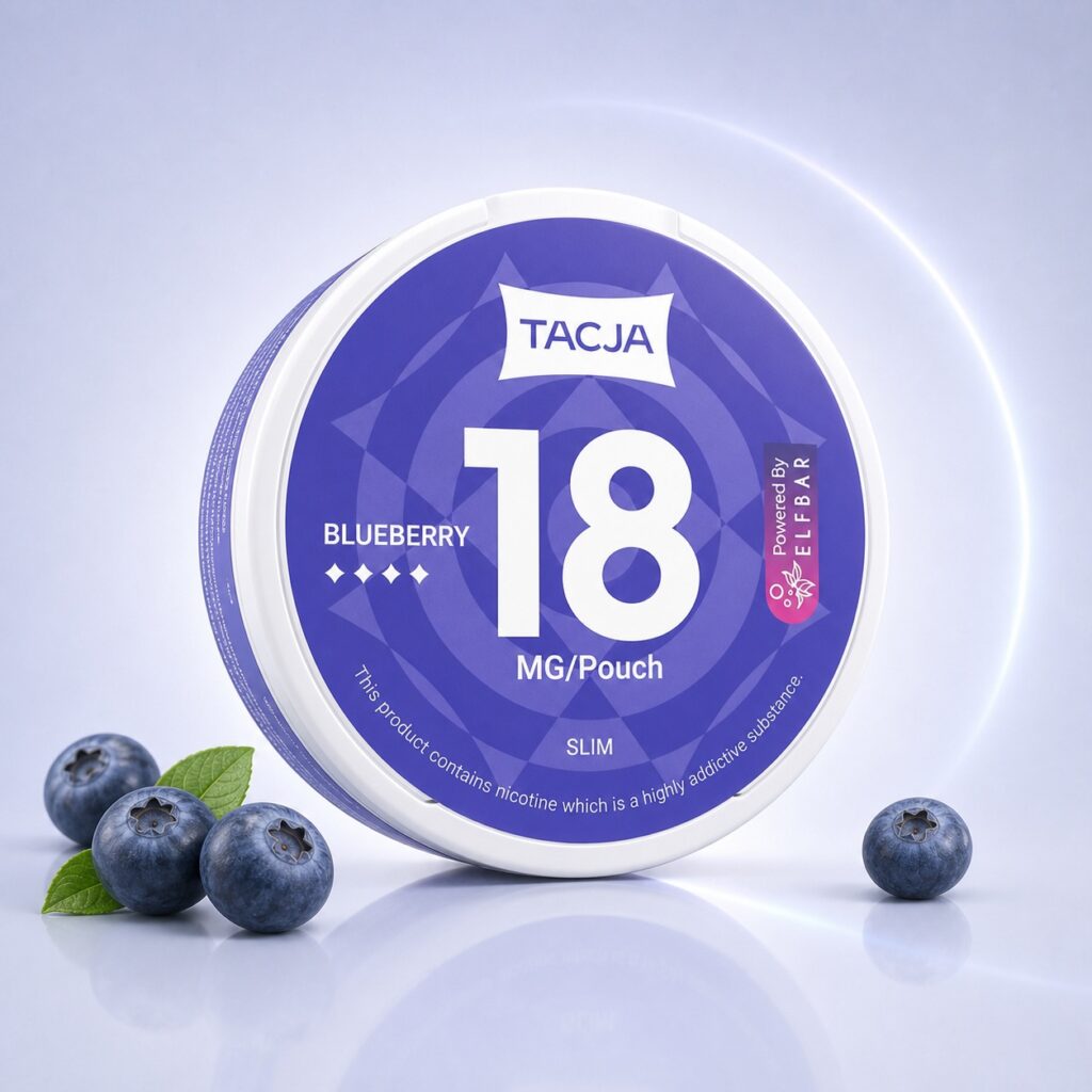 TACJA Blueberry Sour Raspberry 18mg Nicotine Pouches — 18mg nicotine per pouch, slim format, 20 pouches