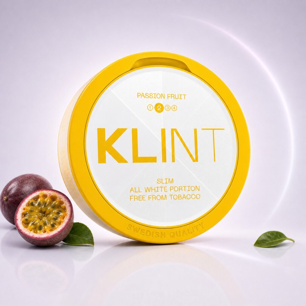 Klint Passionfruit 5.6mg Nicotine Pouches — 5.6mg nicotine per pouch, slim format, 20 pouches