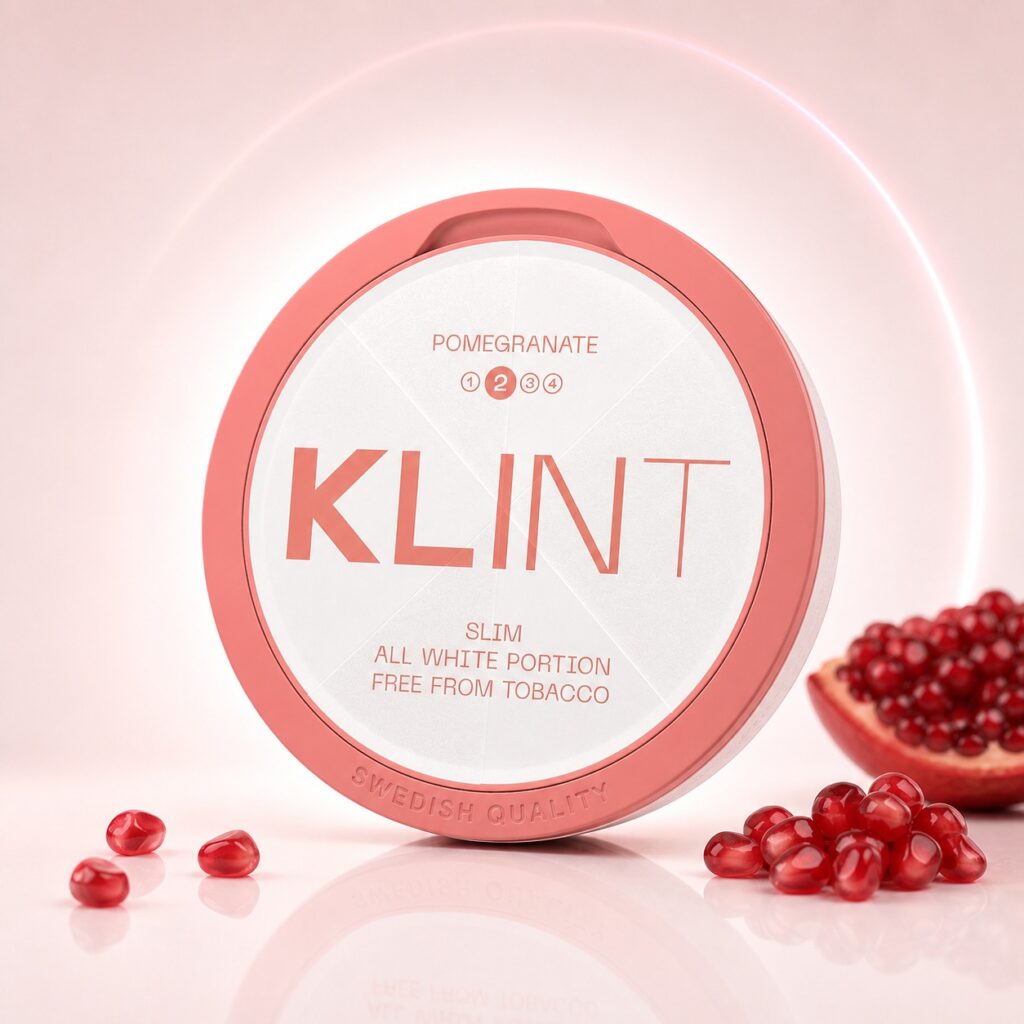 Klint Pomegranate 5.6mg Nicotine Pouches — 5.6mg nicotine per pouch, slim format, 20 pouches