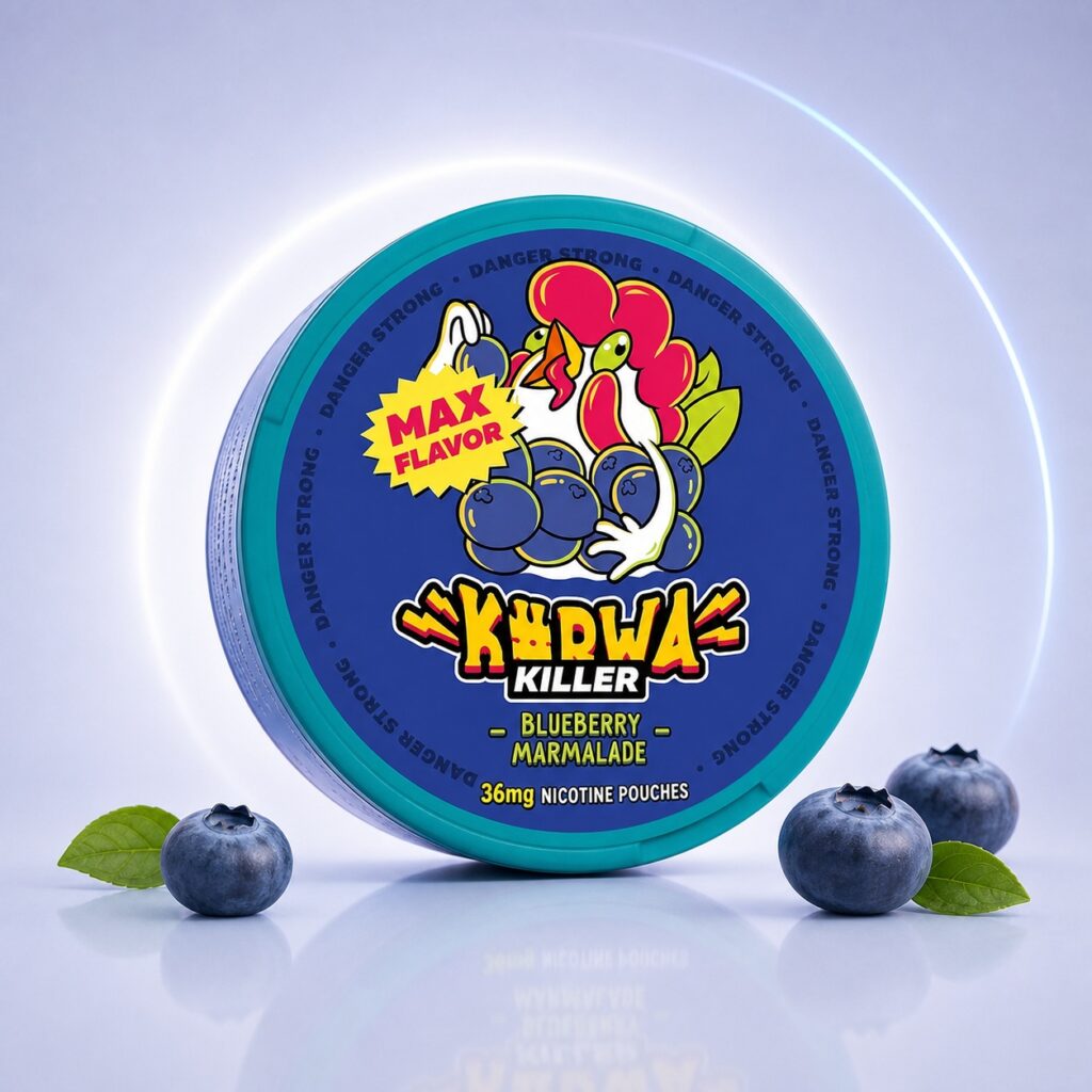 Kurwa Blueberry Marmalade 36mg Nicotine Pouches — 36mg nicotine per pouch, slim format, 20 pouches